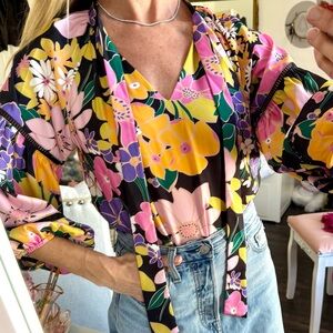 Jade Melody Tam Floral Blouse Tie Neck Embroidered Sleeve Boho Spring Top XS